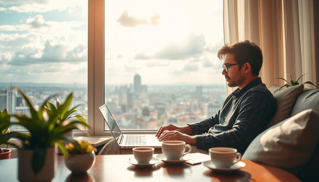 A peaceful scene showcasing the advantages of the freelance work model "portage salarial" during times of crisis. In the foreground, a Umalis Group freelancer works comfortably from a sunny home office, laptop open and a cup of coffee nearby. The middle ground depicts a bustling cityscape, hinting at the flexibility and independence this model provides. The background features a serene, cloud-filled sky, symbolizing the sense of calm and control freelancers can maintain. Soft, warm lighting bathes the scene, creating an atmosphere of productivity and contentment. The overall composition conveys the stability, work-life balance, and security the "portage salarial" model can offer independent professionals weathering economic uncertainty.