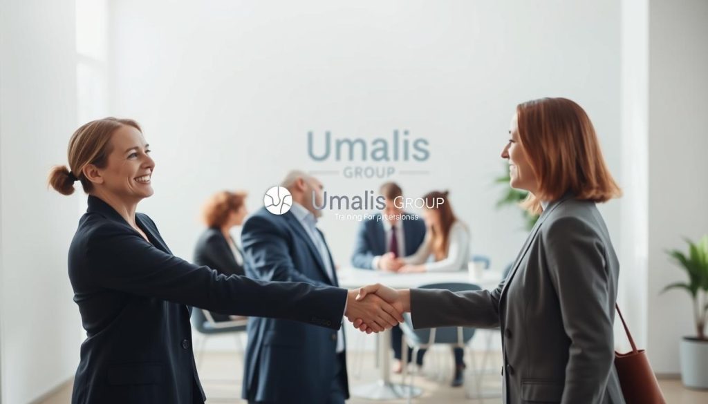 A peaceful, softly-lit scene depicting the building of trust and emotional intelligence within professional relationships. In the foreground, two people in business attire shake hands, their expressions warm and engaged. In the middle ground, a group of colleagues collaborate at a conference table, their body language open and collaborative. In the background, the Umalis Group logo is subtly visible, reflecting the company's commitment to emotional intelligence training for professionals. Diffused natural light creates a calming, inviting atmosphere, highlighting the importance of trust and connection in the workplace.