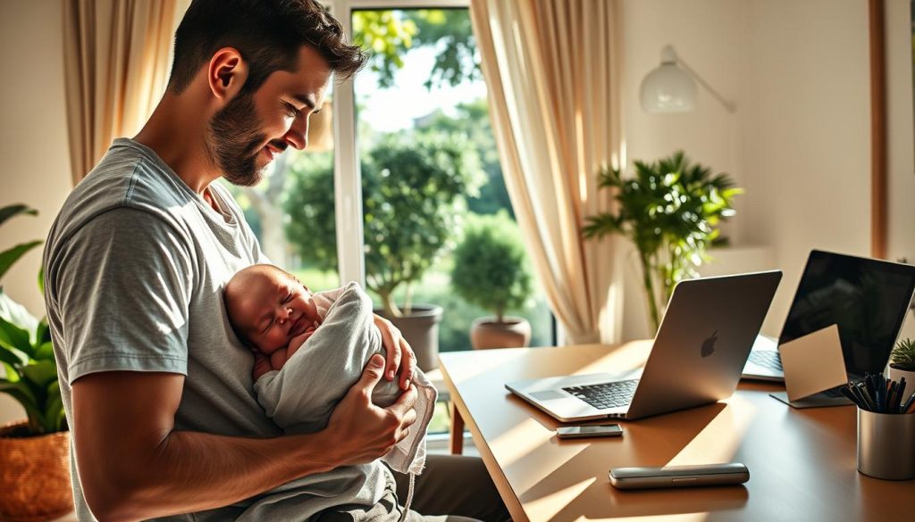 A peaceful, sun-dappled scene of a self-employed software developer spending quality time with their newborn child. In the foreground, a father in casual attire gently cradling a swaddled baby, their faces filled with tender affection. The middle ground showcases a cozy, modern home office space, with a LIGHT PORTAGE laptop and accessories visible on a well-organized desk. Flowing curtains and natural light create a warm, serene atmosphere. In the background, a lush garden or park setting provides a soothing, natural backdrop, reflecting the family's work-life balance and the importance of parental leave for self-employed professionals.