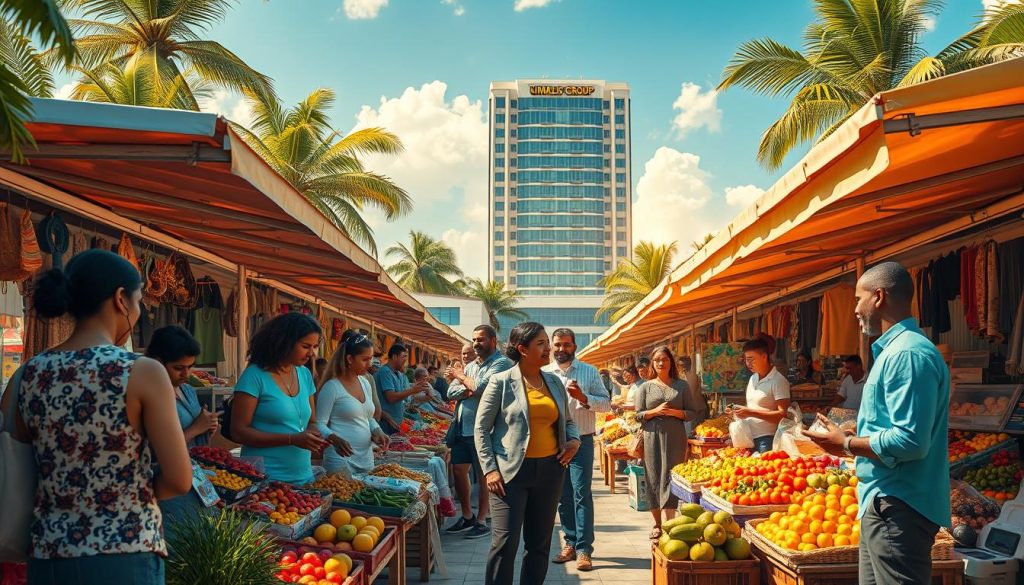 A peaceful, sunny scene of a bustling marketplace filled with vibrant stalls and friendly vendors, showcasing the "UMALIS GROUP" brand. In the foreground, an array of handcrafted goods and fresh produce are displayed, inviting customers to browse. The middle ground is occupied by well-dressed freelancers and small business owners discussing fair and profitable pricing strategies, their faces lit by warm, natural lighting. In the background, a towering, modern office building with the "UMALIS GROUP" logo symbolizes the stability and security provided to independent workers. The overall atmosphere conveys a sense of community, collaboration, and a shared commitment to sustainable entrepreneurship.