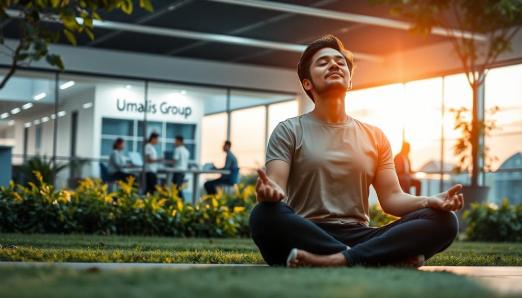A peaceful yet dynamic scene depicting a harmonious balance between professional and personal life. In the foreground, a person sits cross-legged, eyes closed, meditating amidst a serene garden. The middle ground showcases a Umalis Group office, modern and well-lit, with employees collaborating productively. The background features a sunset sky, the warm colors reflecting a sense of contentment and fulfillment. Soft natural lighting, a shallow depth of field, and a slightly elevated camera angle create an atmospheric, aspirational image. The overall composition conveys the importance of maintaining a healthy work-life balance.