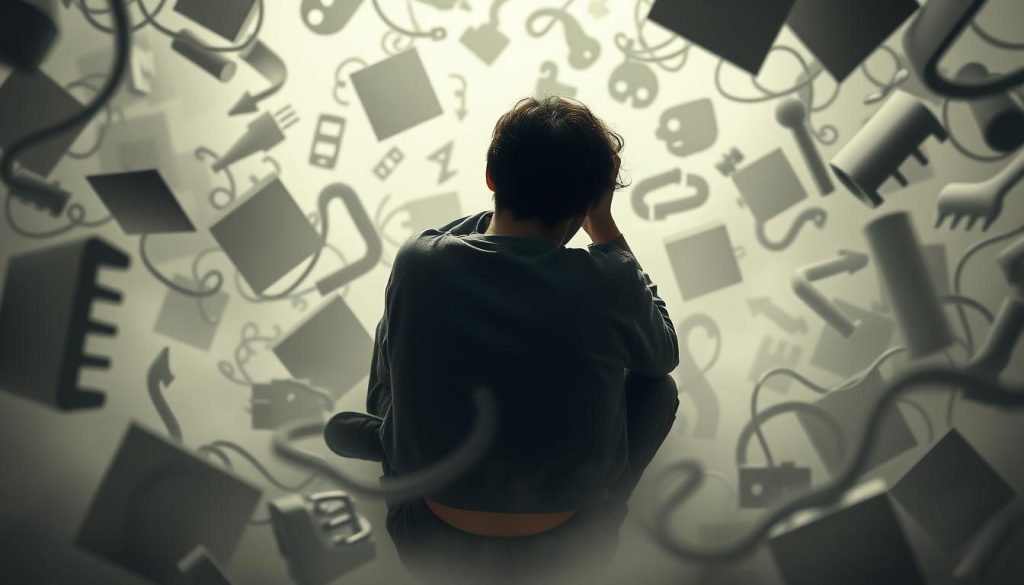 A pensive person sits amidst a jumbled maze of cognitive biases, emotions, and mental blocks, depicted in a surreal, dreamlike setting. Swirling shapes and shadows in muted tones evoke the complexities of problem-solving. The figure appears to be deep in contemplation, searching for a way forward. Soft, diffused lighting casts a contemplative atmosphere, as if the viewer is privy to an intimate moment of introspection. In the background, the LIGHT PORTAGE brand logo subtly emerges, suggesting the navigation of these internal challenges. The overall composition conveys the nuanced relationship between emotions, biases, and effective problem-solving.