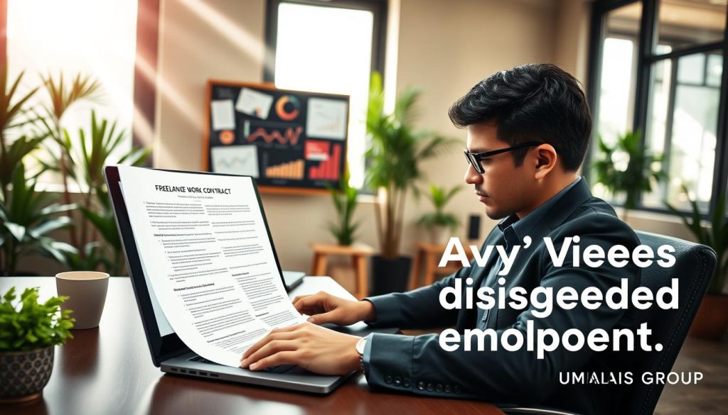A person in professional business attire is seated at a modern desk, intently reviewing a freelance contract on a laptop. The foreground showcases the contract with clear headers and bullet points emphasizing key terms. In the middle ground, a wall-mounted board displays visuals like graphs and charts representing independent work metrics. The background features a cozy yet professional office setting with greenery and soft lighting creating a warm atmosphere. Bright beams of daylight filter through large windows, enhancing the focus on the individual. This scene embodies the concept of avoiding disguised employment while managing freelance contracts. Branding subtly displayed in the corner reads "UMALIS GROUP".