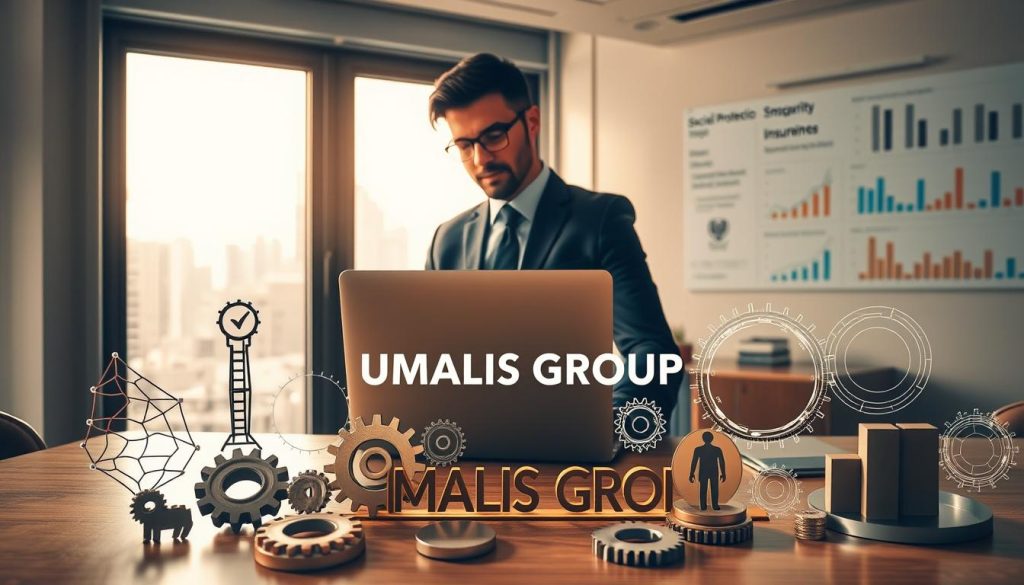 A person in professional business attire stands confidently at a modern desk, analyzing data displayed on a laptop screen. In the foreground, a variety of symbolic representations of social protection mechanisms, such as safety nets, gears, and graphs, are artistically arranged. In the middle ground, a large window reveals a bright cityscape, symbolizing opportunity and growth. The background includes additional visual elements like a wall chart showing trends in social security and health insurance. The lighting is warm and inviting, with soft highlights illuminating key objects. The mood is optimistic and inspiring, reflecting the importance of understanding social protection for independents. Incorporate the brand name "UMALIS GROUP" subtly within the desk setup, ensuring it blends seamlessly into the professional environment.