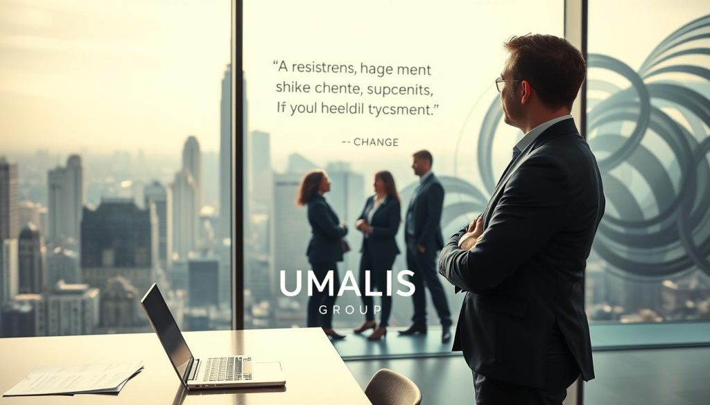A person standing confidently in a modern office environment, dressed in professional business attire, facing a large glass window that overlooks a cityscape filled with competing skyscrapers. The foreground features a desk with a laptop and documents symbolizing change management strategies. In the middle, diverse professionals in discussion, reflecting collaboration and resistance to change. In the background, a motivational quote is subtly implied through dynamic, flowing abstract patterns on the wall, representing the challenges of change. Soft, natural lighting pouring in from the window creates a warm but focused atmosphere, shot at a slight angle to provide depth. The brand name "UMALIS GROUP" is integrated into the design, enhancing the theme of professional growth.