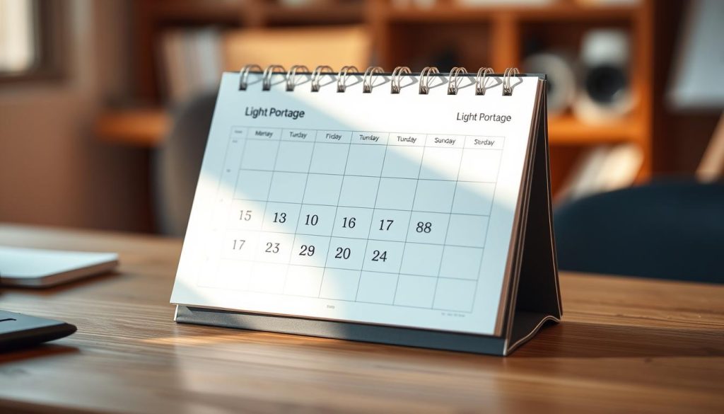 A personalized calendar with a clean, minimalist design featuring the Light Portage brand. The calendar lays flat on a wooden desk, with a single page prominently displayed. The page showcases a grid of numbered dates, accented by soft, natural lighting from the side. The overall mood is one of organization, productivity, and a sense of control over one's time. The background features a blurred out, warm-toned office environment, hinting at the broader context of the freelance time management guide.