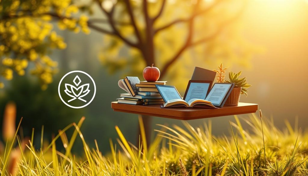A personalized learning plan crafted with care, floating amid a serene landscape. In the foreground, a stylized icon representing the Umalis Group brand, signifying their commitment to continuous professional development. The middle ground showcases a collection of diverse learning resources - books, tablets, and virtual interfaces - all tailored to the individual's needs. The background depicts a tranquil, sun-dappled environment, symbolizing the growth and transformation that comes with lifelong learning. Soft, warm lighting illuminates the scene, creating a sense of focus and inspiration. Captured through a medium-wide angle lens, the image conveys a harmonious balance between personalization and the Umalis Group's guiding principles.