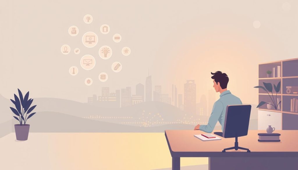 A personalized learning strategies illustration showcasing a modern professional in a serene, minimalist workspace. In the foreground, a person sitting at a desk, deep in contemplation, surrounded by a halo of softly glowing, customizable icons representing various learning modalities. The middle ground features a clean, uncluttered backdrop of muted colors, with subtle textures and patterns suggestive of growth and progress. In the background, a panoramic view of a cityscape, symbolizing the vast opportunities for skill development in the contemporary professional landscape. Warm, directional lighting casts a gentle glow, creating a sense of focus and tranquility. The overall composition conveys a balanced, adaptable approach to lifelong learning and personal growth.