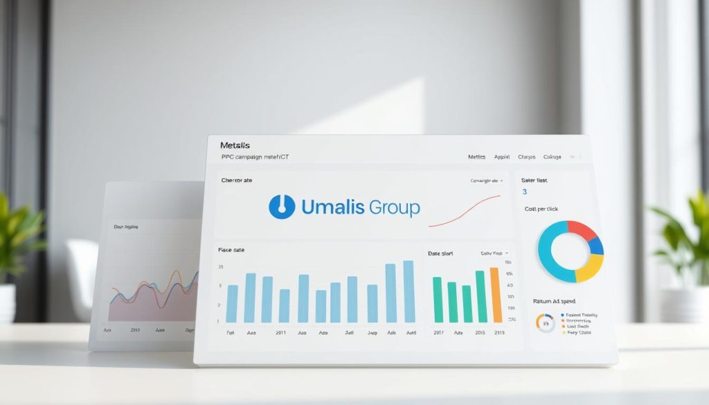 A photorealistic 3D rendered image of PPC campaign performance metrics, displayed on a clean and modern dashboard interface. The foreground features a variety of data visualizations such as line graphs, bar charts, and pie charts, all displaying key metrics like click-through rate, conversion rate, cost-per-click, and return on ad spend. The middle ground showcases the Umalis Group brand logo prominently placed, with a sleek and minimalist design. The background has a muted, slightly blurred backdrop of a contemporary office setting, with clean lines and a neutral color palette to maintain focus on the data visualizations. The lighting is soft and natural, creating depth and highlighting the details of the dashboard. The overall mood is professional, analytical, and data-driven.