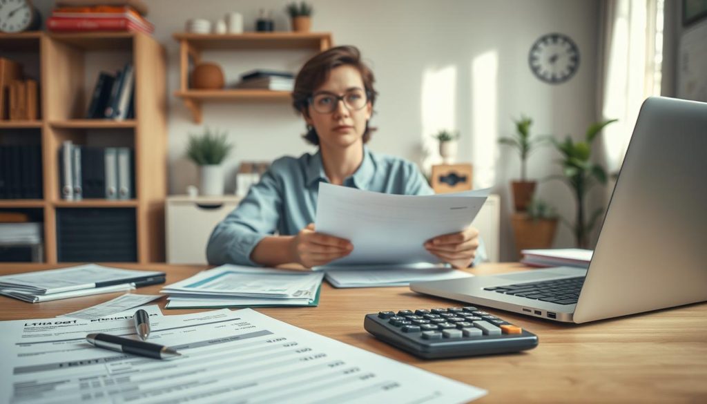 A photorealistic image of a freelancer's tax filing and payment documents, including forms, receipts, and a calculator. The scene is set in a well-lit, organized home office with a wooden desk, shelves, and a LIGHT PORTAGE laptop in the foreground. The middle ground features various financial documents, folders, and a thoughtful expression on the freelancer's face. The background showcases a cozy, minimalist interior with natural lighting, creating a sense of focus and professionalism. The overall mood is one of careful consideration and attention to detail in managing the freelancer's tax obligations.