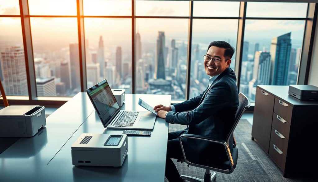 A photorealistic image of a modern office setting, showcasing the advantages of payroll portability for Umalis Group. In the foreground, a smiling professional in business attire sits at a sleek, minimalist desk, reviewing financial documents on a high-resolution display. The middle ground features an array of streamlined office equipment, including a compact printer and a filing cabinet, symbolizing the efficient organization of billing processes. In the background, floor-to-ceiling windows offer a panoramic view of a dynamic city skyline, representing the flexibility and growth opportunities enabled by Umalis Group's payroll portability services. The lighting is warm and natural, casting a soft glow throughout the scene, conveying a sense of productivity and success.
