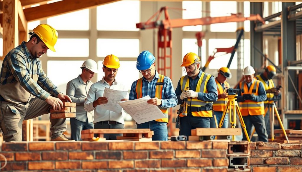 A photorealistic image of various construction industry professions and careers eligible for UMALIS GROUP's payroll portage services. In the foreground, a skilled mason expertly laying bricks, a carpenter meticulously crafting wooden beams, and an electrician wiring a distribution panel. In the middle ground, an architect reviewing blueprints, a project manager coordinating onsite activities, and a site surveyor taking measurements. In the background, a crane operator maneuvering heavy equipment, a plumber installing piping, and a welder fabricating metal structures. The scene is bathed in warm, directional lighting, creating depth and emphasizing the technical expertise of these diverse construction trade professionals.