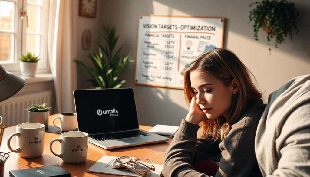 A picturesque freelance workspace with a laptop, coffee mug, and a "Umalis Group" logo prominently displayed. The scene is bathed in warm, natural lighting, creating a cozy and productive atmosphere. In the background, a vision board featuring financial targets and optimization strategies for freelance remuneration. The foreground showcases a freelancer deeply engrossed in their work, their expression reflecting a sense of focus and determination to maximize their earning potential. The overall composition conveys the idea of a thoughtful, strategic approach to freelance compensation optimization.