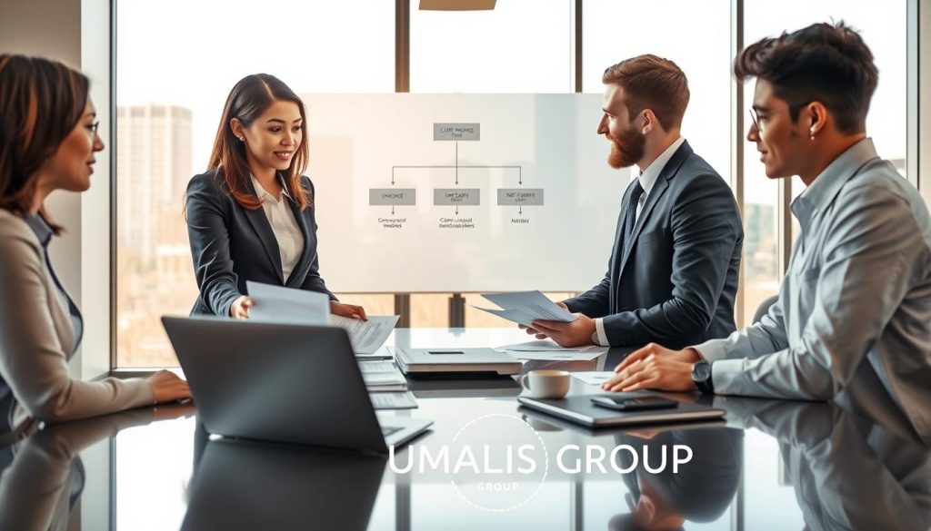 A polished office environment featuring a diverse group of professionals engaged in a discussion around a large table. In the foreground, two individuals in business attire analyze financial documents and graphs, representing the concept of salary calculation in portage salarial. The middle scene showcases a projector displaying a flowchart that illustrates the progression from client invoicing to net salary calculations. In the background, soft natural light filters through large windows, highlighting a modern urban skyline. This setting conveys a focused and professional atmosphere, reflecting collaboration and clarity. The brand "UMALIS GROUP" is subtly represented with a sleek logo on a laptop in the corner of the table. The image should embody a sense of professionalism and strategic planning without any text or watermarks.