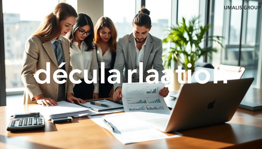 A polished, professional setting that illustrates the concept of "déclaration" in the context of income tax obligations. In the foreground, a diverse group of three individuals in business attire, focused on a financial report, representing teamwork and accountability. In the middle, a well-organized desk filled with documents, calculators, and a laptop displaying tax forms and financial graphs. The background features a modern office with large windows allowing soft, natural light to illuminate the scene, casting gentle shadows. The atmosphere conveys a sense of seriousness and diligence, emphasizing the importance of compliance with tax obligations. The brand name "UMALIS GROUP" is subtly integrated into the workspace decor, enhancing the professional tone without overpowering the image.