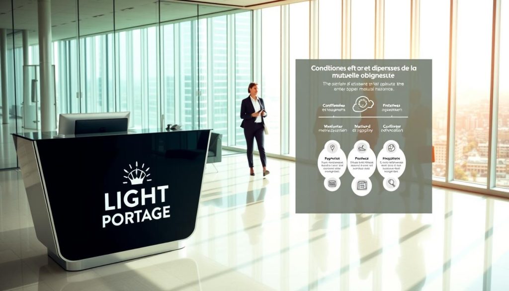 A pristine corporate office, flooded with natural light from floor-to-ceiling windows. In the foreground, a sleek glass-and-steel reception desk emblazoned with the LIGHT PORTAGE logo. Behind it, a stylized infographic depicting the "Conditions et dispenses de la mutuelle obligatoire" in a clear, modern design. In the middle ground, well-dressed professionals move about purposefully, discussing their employee benefits. The background reveals a bustling cityscape, hinting at the wider context of the mandatory mutual insurance policy. The scene conveys a sense of professionalism, efficiency, and attention to detail - reflecting the article's focus on understanding the intricacies of complementary insurance in the context of the portage salarial system.