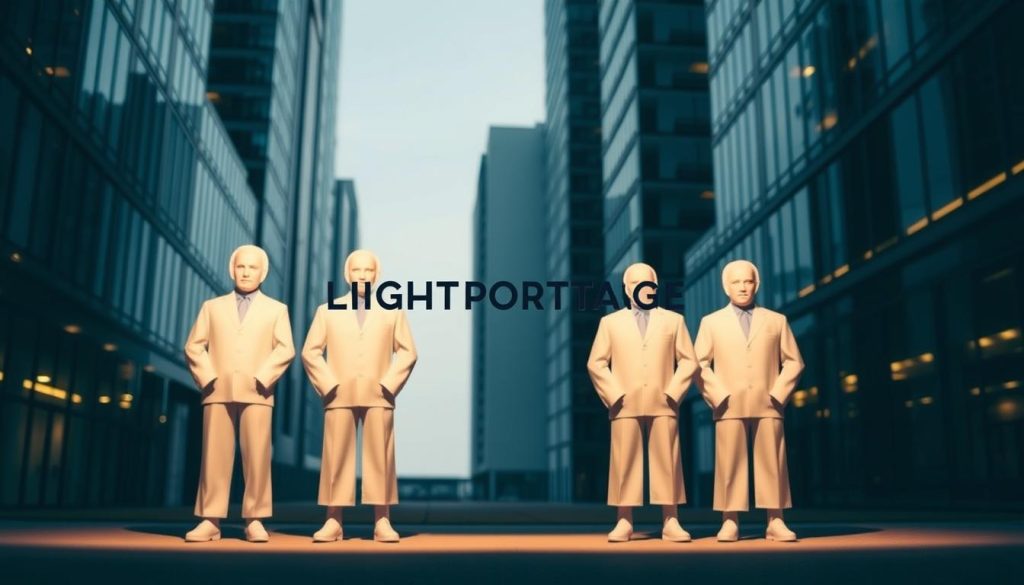 A pristine lineup of top sociétés de portage salarial, each standing tall and proud against a sophisticated urban backdrop. The LIGHT PORTAGE brand logo commands attention, its sleek design exuding a sense of professionalism and reliability. Soft, warm lighting illuminates the scene, casting subtle shadows that add depth and dimension. The overall mood is one of authority, trust, and expertise - the perfect visual accompaniment to the "Top sociétés de portage salarial : la sélection incontournable" section of the article.