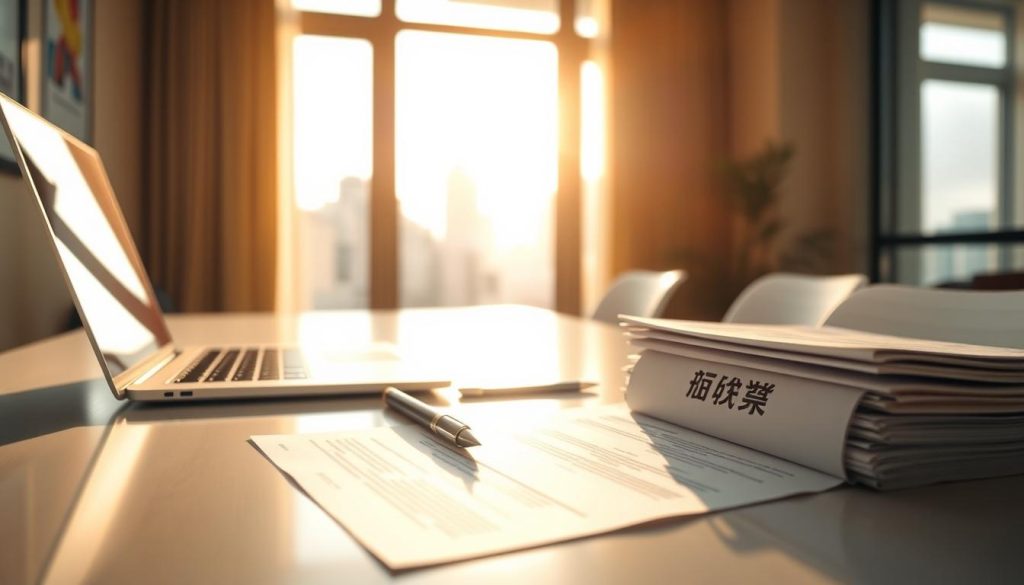 A pristine office desk with a laptop, pen, and stack of documents, against a backdrop of a warm, sun-drenched window overlooking a cityscape. The documents have a title "病假福利申请条件" prominently displayed, conveying the sense of an important work-related matter. The lighting is soft and natural, creating a professional yet inviting atmosphere. The angle is slightly elevated, giving a sense of authority and importance to the subject matter. The overall mood is one of diligence, attention to detail, and the responsible handling of workplace benefits.