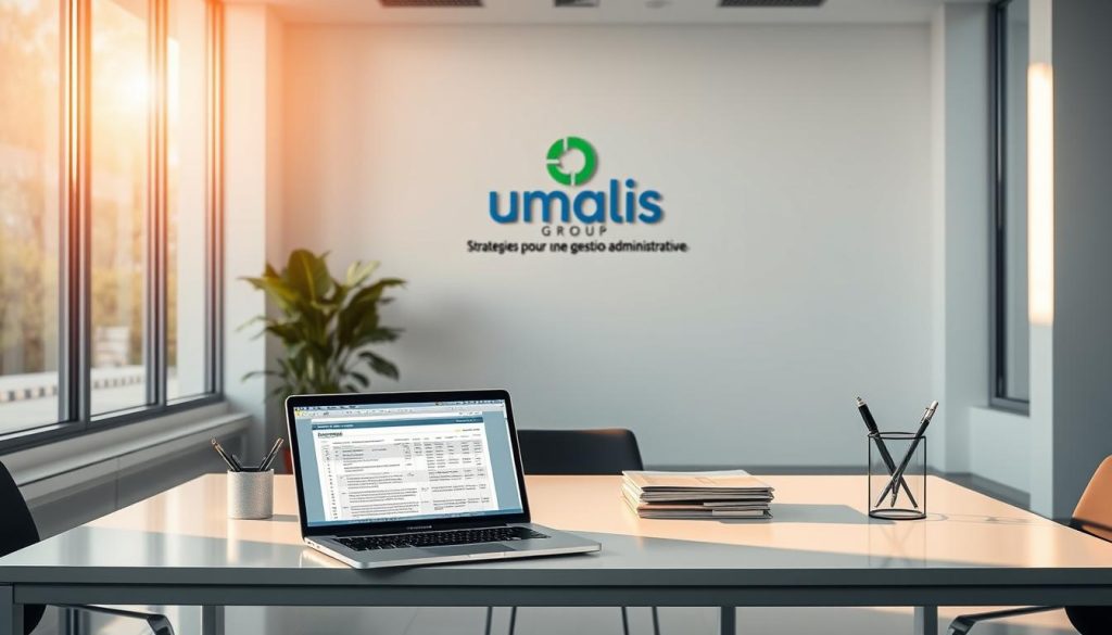 A pristine office environment, bathed in warm, natural light filtering through large windows. On a sleek, minimalist desk, a laptop displays a spreadsheet, surrounded by neatly organized folders and a pen holder. In the background, a Umalis Group logo hangs on the wall, conveying a sense of professionalism and efficiency. The scene exudes a tranquil, focused atmosphere, reflecting the "Stratégies pour une gestion administrative réussie" concept.