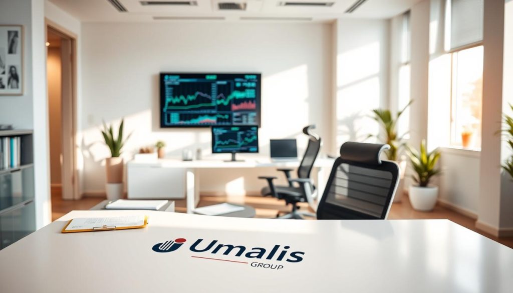 A pristine office setting, filled with natural light and a sense of professionalism. In the foreground, a modern desk featuring the Umalis Group logo, surrounded by carefully organized documents and office supplies. In the middle ground, a sleek, ergonomic chair and a computer monitor displaying financial data, hinting at the importance of financial transparency. The background showcases a minimalist, yet sophisticated decor, with clean lines and subtle pops of color, creating an atmosphere of trustworthiness and reliability. The lighting is soft and diffused, casting a warm glow throughout the scene, conveying a sense of comfort and security. Overall, the image exudes an aura of competence, attention to detail, and a commitment to providing a transparent and reliable portage salarial service.