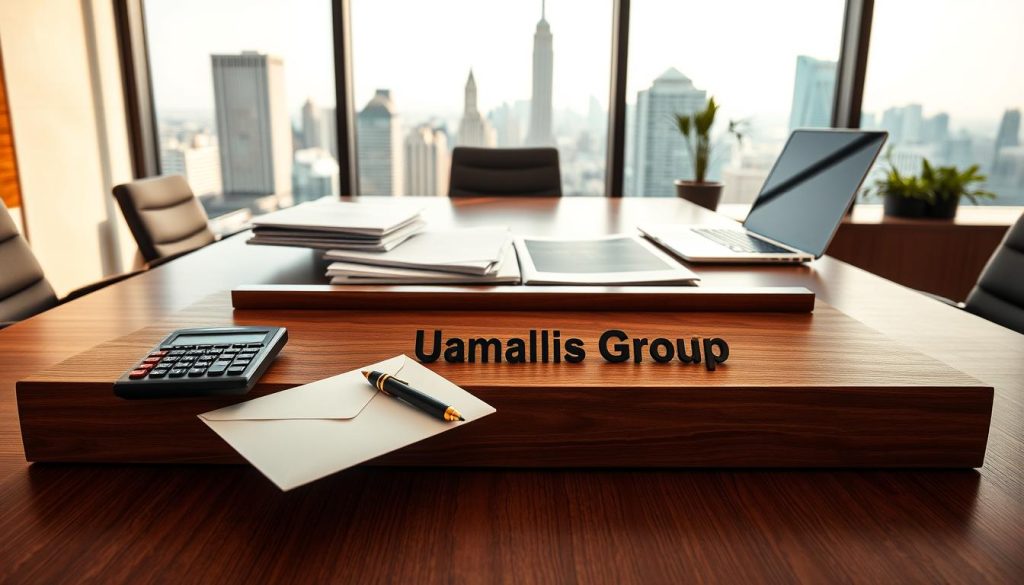 A pristine office setting with a sleek, modern aesthetic. A wooden desk takes center stage, its surface adorned with a stack of documents, a laptop, and a brass nameplate that reads "Umalis Group". Soft, warm lighting casts a professional glow, while a large window in the background offers a scenic view of a bustling city skyline. On the desk, a calculator, a pen, and a crisp, white envelope symbolize the meticulous calculations and financial considerations that go into the "rémunération" of consultants. The overall atmosphere conveys a sense of productivity, precision, and the thoughtful management of compensation and benefits.