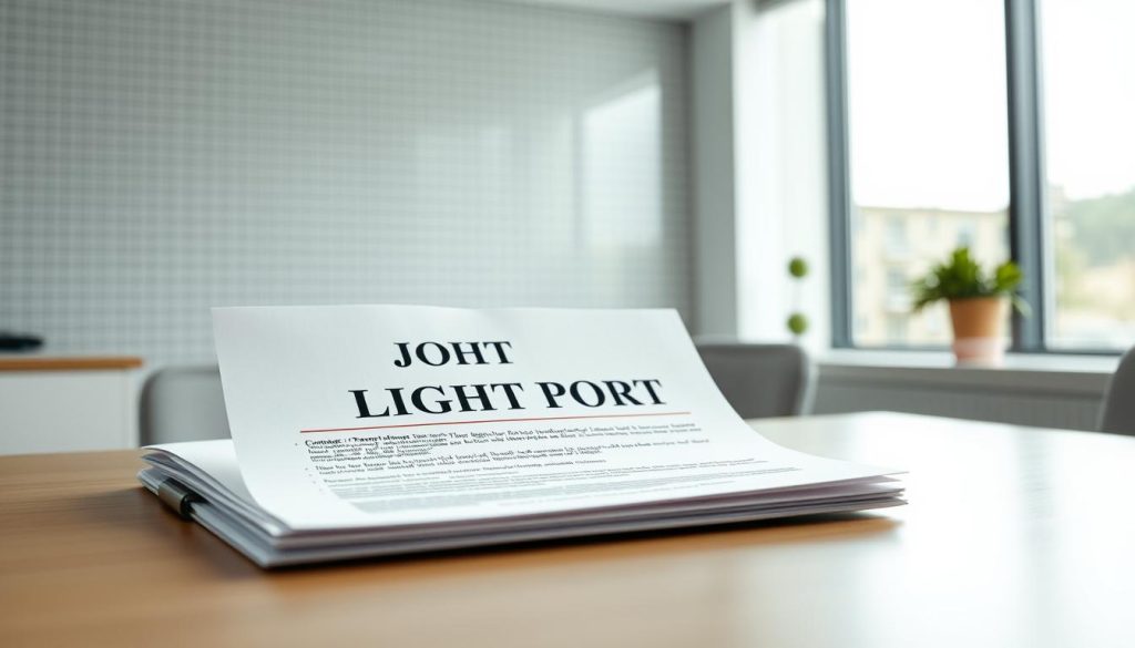 A pristine office space, filled with natural light and a sense of professionalism. On the desk, a contract labeled "LIGHT PORTAGE" stands out, highlighting the key details of a salarial portage agreement. The contract is positioned prominently, symbolizing its importance in the world of flexible employment. The background features a subtle grid pattern, adding a sense of structure and organization to the scene. The lighting is soft and even, creating a calming atmosphere that invites the viewer to explore the nuances of this unique employment arrangement.