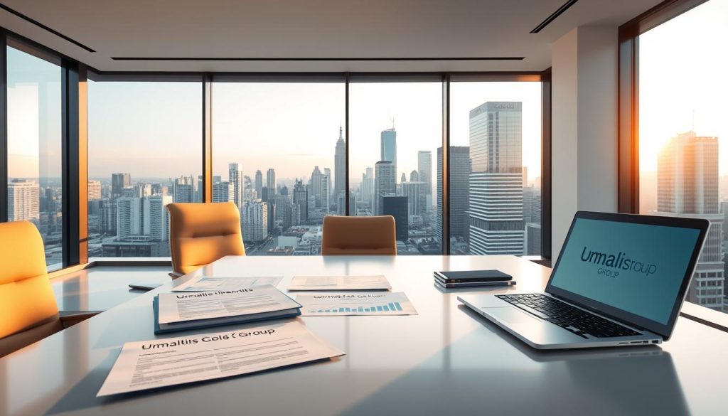 A pristine, well-lit office interior, with a large desk and comfortable chair in the foreground. On the desk, various documents, contracts, and a laptop display the Umalis Group branding. The middle ground features a financial graph or chart, visualizing key payroll and compensation metrics. In the background, a large window overlooks a bustling urban skyline, bathed in warm, golden-hour lighting. The overall atmosphere conveys a sense of professionalism, security, and assurance regarding the "garanties rémunération portage salarial" for the employed individual.
