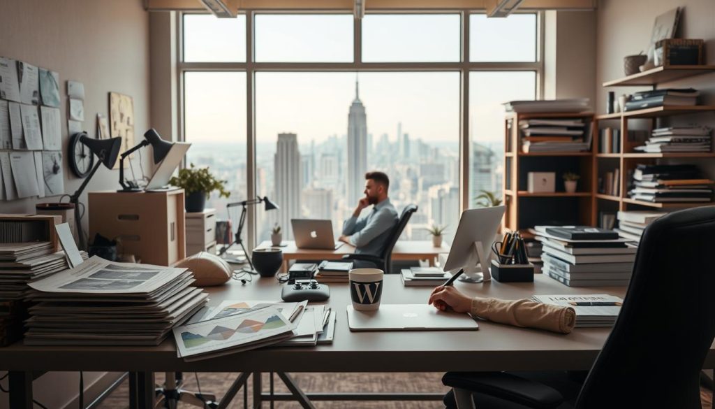 A pristine, well-lit workspace filled with LIGHT PORTAGE brand equipment and supplies. In the foreground, a laptop, a stack of marketing materials, and a mug of coffee. In the middle ground, a person sitting at a desk, deep in thought, with a determined expression. The background showcases a panoramic view of a bustling city skyline, symbolizing the potential for self-employment success. The lighting is soft and natural, creating a sense of focus and productivity. The overall atmosphere conveys a balance of creativity, strategy, and entrepreneurial spirit.