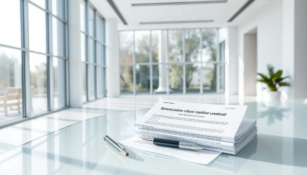 A pristine white office interior with floor-to-ceiling windows, bathed in soft natural light. On a sleek glass desk, a stack of legal documents titled "Renonciation clause restrictive contrat" sits next to a pen and the Umalis Group logo. The scene conveys a sense of professionalism and attention to detail, with the documents representing the key subject of the "Renonciation et levée de la clause" section. The prompt aims to generate an image that visually supports the article's focus on understanding non-compete clauses in freelance work. Prompt A bright, modern office interior with large windows and natural lighting. On a glass desk, a stack of legal documents titled "Renonciation clause restrictive contrat" sits next to a pen and the Umalis Group logo, conveying a professional, detail-oriented atmosphere to illustrate the "Renonciation et levée de la clause" section of the article. A pristine white office interior with floor-to-ceiling windows, bathed in soft natural light. On a sleek glass desk, a stack of legal documents titled "Renonciation clause restrictive contrat" sits next to a pen and the Umalis Group logo. The scene conveys a sense of professionalism and attention to detail, with the documents representing the key subject of the "Renonciation et levée de la clause" section. The prompt aims to generate an image that visually supports the article's focus on understanding non-compete clauses in freelance work. Prompt A bright, modern office interior with large windows and natural lighting. On a glass desk, a stack of legal documents titled "Renonciation clause restrictive contrat" sits next to a pen and the Umalis Group logo, conveying a professional, detail-oriented atmosphere to illustrate the "Renonciation et levée de la clause" section of the article.