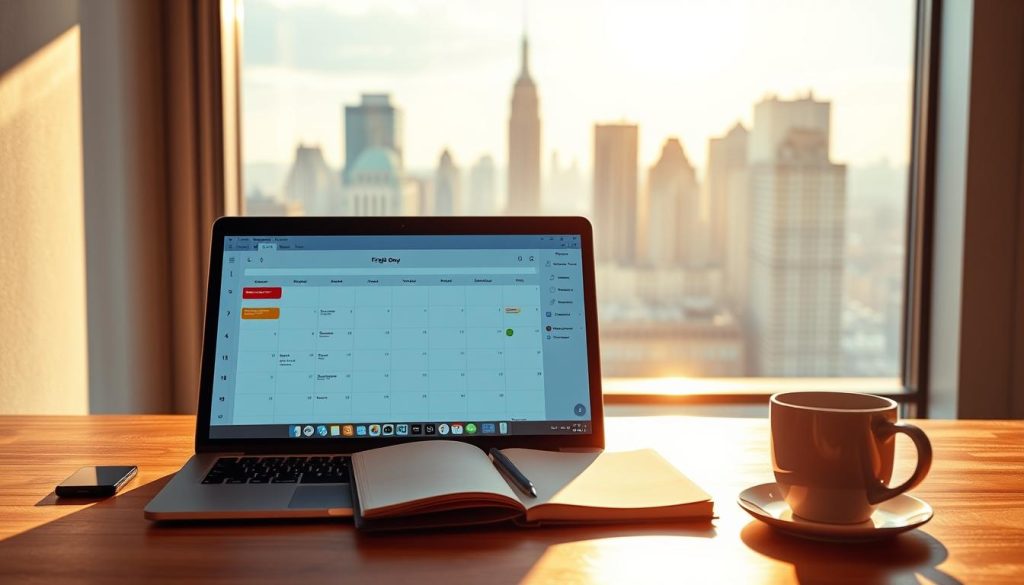 A productive freelancer's day meticulously planned. In the foreground, a minimalist desk setup with a laptop, notebook, and a cup of coffee, bathed in warm, natural lighting. The middle ground showcases a digital calendar and to-do list, reflecting the organized scheduling of tasks. In the background, a stylized cityscape through a large window, hinting at the Umalis Group brand's urban, professional setting. The overall mood is one of focused efficiency, with a touch of modern, elegant design.