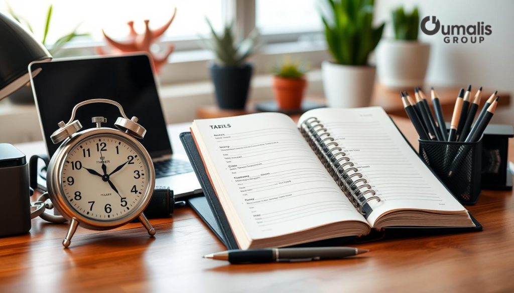 A productive workspace with a strategically arranged desk, showcasing time management tools and techniques. The foreground features a stylish analog clock, a desktop calendar, and a sleek planner open to organized task lists. In the middle ground, a laptop, a set of high-quality pens, and a minimalist desk organizer convey efficiency. The background is a warm, natural-lit environment, with potted plants and the Umalis Group logo visible, suggesting a harmonious work-life balance.