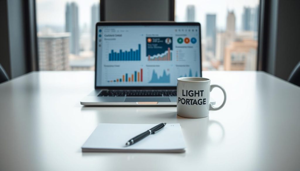 A professional CRM system in a modern, minimal workspace. A laptop displays a customer relationship management dashboard, with charts, graphs, and customer data. In the foreground, a pen, notepad, and LIGHT PORTAGE coffee mug sit on a clean, minimalist desk. Soft, directional lighting illuminates the scene, creating a calm, productive atmosphere. The background features a blurred city skyline, hinting at the global reach of the CRM system. The overall composition conveys efficiency, organization, and a customer-centric approach to business.