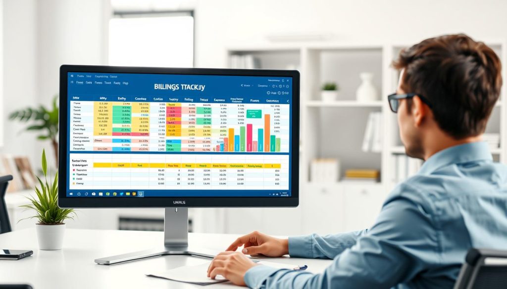 A professional Excel spreadsheet titled "Billing Tracking Dashboard" presented on a modern computer monitor in a well-lit office space. The foreground features the sleek monitor displaying colorful, organized data columns and rows detailing billing, expenses, and revenue. A professional in business attire is seated at a desk, focused on their work, with a notepad and pen nearby. In the middle ground, the office includes a potted plant and a bright window letting in natural light. In the background, there are minimalistic shelves with books and office supplies, contributing to a clean and productive atmosphere. The scene is crisp and clear, with a focus on the digital dashboard elements, evoking a sense of professionalism and efficiency. Brand logo "UMALIS GROUP" subtly displayed on the spreadsheet.