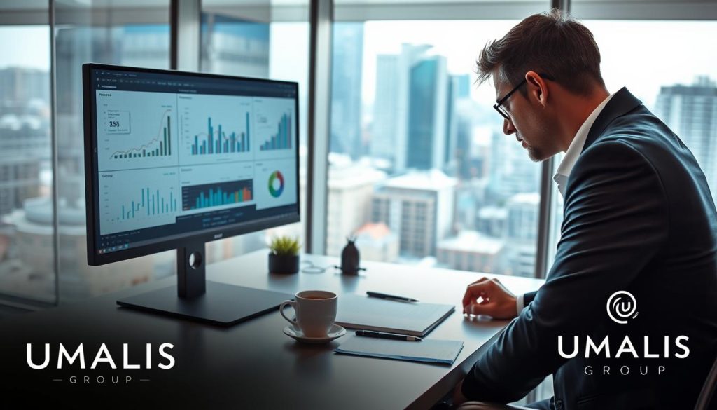 A professional IT consultant analyzing market trends on a modern computer in a sophisticated office setting. In the foreground, a focused individual in business attire, deeply engrossed in data charts displayed on dual screens. The middle ground features a sleek desk with a notepad and a coffee cup, suggesting a productive atmosphere. In the background, glass windows reveal a bustling urban landscape, hinting at a thriving tech market. Soft, natural lighting illuminates the scene, creating an engaging yet serene ambiance. The overall mood conveys professionalism and insightfulness, reflecting the importance of understanding IT demand amidst executive recruitment dynamics. The image subtly includes the "UMALIS GROUP" logo in the design without being prominent.