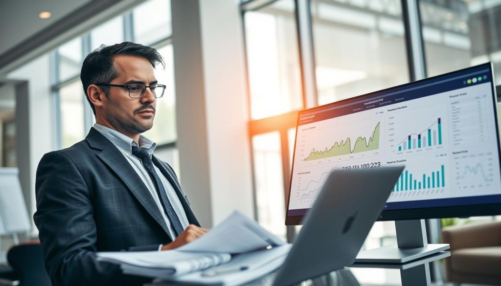 A professional IT consultant, dressed in business attire, stands in a modern office space, examining financial documents and charts on a sleek laptop. The foreground highlights the consultant's focused expression, showcasing deep concentration. In the middle ground, a large screen displays graphs and market trends relevant to the field of portage salarial, providing a sense of urgency and insight. The background features a bright, airy office with large windows that allow natural light to flood in, creating an optimistic atmosphere. The overall mood is one of determination and professionalism, as the consultant prepares for potential market signals leading up to 2026. The logo of "UMALIS GROUP" appears subtly on the laptop screen, symbolizing the consultancy's expertise in the field.