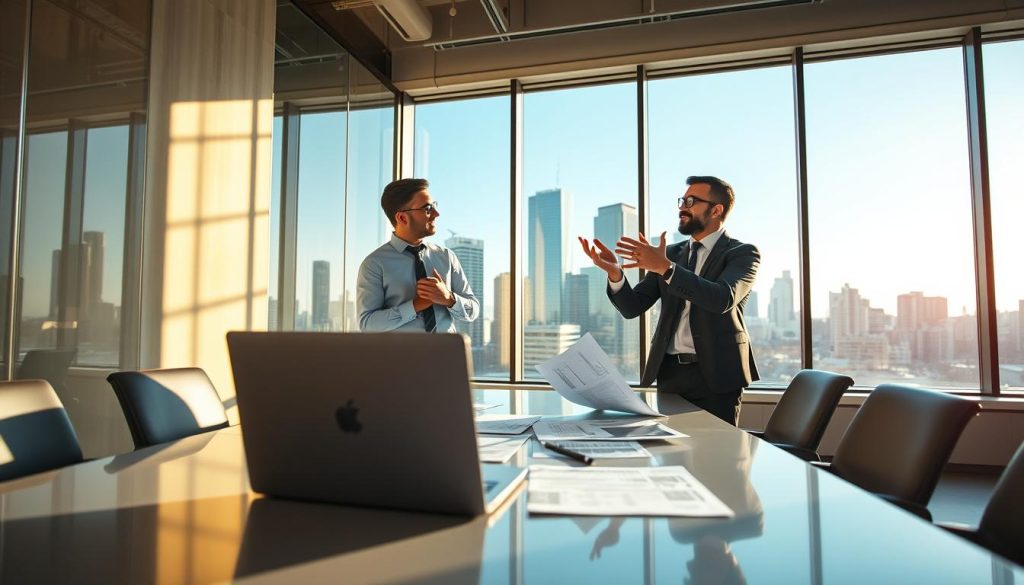 A professional IT consultant in smart business attire is engaged in a discussion with a colleague in a modern office environment. The foreground features a laptop and a few technical documents spread out on a sleek conference table. In the middle ground, the two professionals are animatedly exchanging ideas, with one displaying expertise through gestures. The background showcases large windows with a city skyline view, bathed in warm natural light, casting soft shadows across the room. The atmosphere conveys collaboration, progress, and confidence, highlighting the dual themes of security and freedom in the IT profession. The camera angle is slightly elevated to capture the dynamism of their interaction, emphasizing the importance of professional growth in the tech industry. A professional IT consultant in smart business attire is engaged in a discussion with a colleague in a modern office environment. The foreground features a laptop and a few technical documents spread out on a sleek conference table. In the middle ground, the two professionals are animatedly exchanging ideas, with one displaying expertise through gestures. The background showcases large windows with a city skyline view, bathed in warm natural light, casting soft shadows across the room. The atmosphere conveys collaboration, progress, and confidence, highlighting the dual themes of security and freedom in the IT profession. The camera angle is slightly elevated to capture the dynamism of their interaction, emphasizing the importance of professional growth in the tech industry.