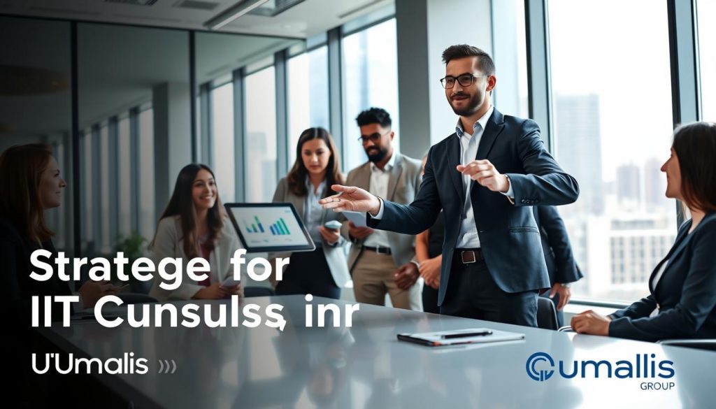 A professional IT consultant standing confidently in a modern office environment, discussing strategies with a diverse team gathered around a sleek table. The foreground features the consultant, wearing business attire, showing an engaged expression while pointing at a digital tablet displaying charts and data. In the middle ground, colleagues of various backgrounds listen intently, taking notes and contributing ideas, fostering a collaborative atmosphere. The background reveals a large window with city views, allowing natural light to illuminate the room, accented by modern decor and technology. The mood is dynamic and forward-thinking, perfect for showcasing strategies for success in IT consulting, with the Umalis Group logo subtly integrated into the scene.