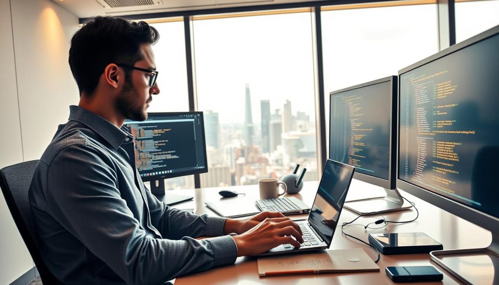 A professional IT consultant working in a modern office space, sitting at a sleek desk with multiple monitors displaying code and analytics. The foreground features a focused individual in smart casual attire, typing on a laptop, surrounded by notes and digital devices. The middle ground showcases a large window with natural light streaming in, illuminating the workspace. In the background, a vibrant city skyline is visible, symbolizing freedom and opportunity. The overall mood is one of productivity and autonomy, with a sense of innovative energy in the air. Soft, warm lighting enhances a welcoming atmosphere, creating a professional yet comfortable setting that reflects the essence of organization and independence in the IT consulting field.