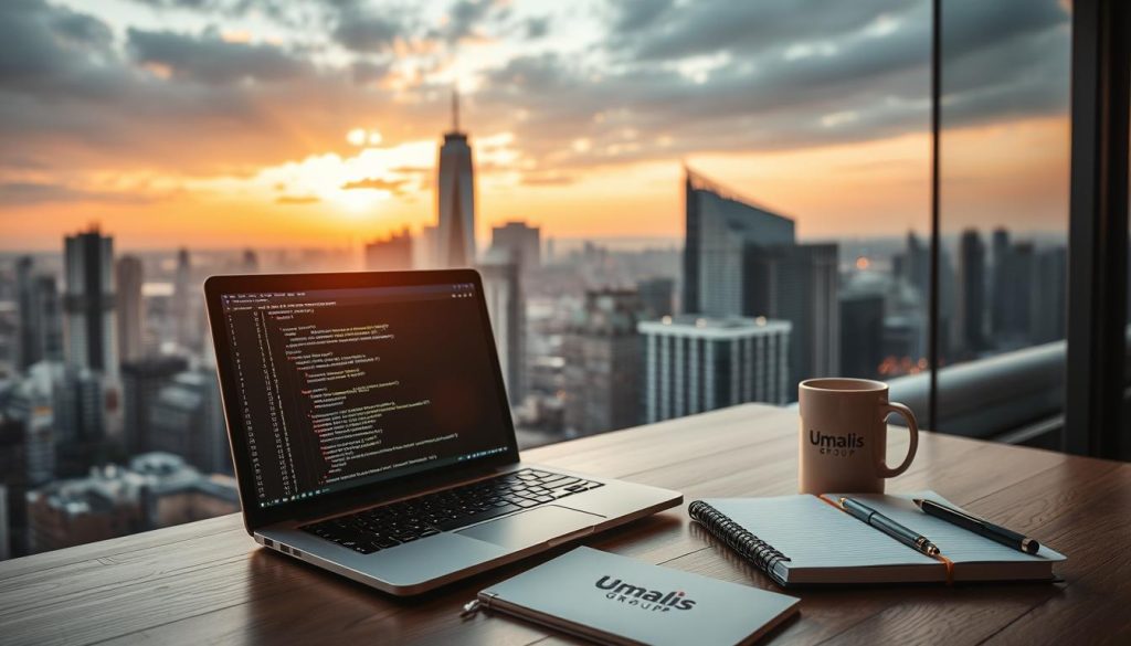A professional IT consultant's workstation against a backdrop of a bustling cityscape, bathed in warm evening light. On the desk, a sleek laptop displays code snippets, while a Umalis Group branded notebook and a mug of coffee suggest the diligence and focus of the freelance professional. The scene conveys the dynamic and rewarding nature of technology-driven consulting work, with the urban skyline hinting at the broader scope of global opportunities.