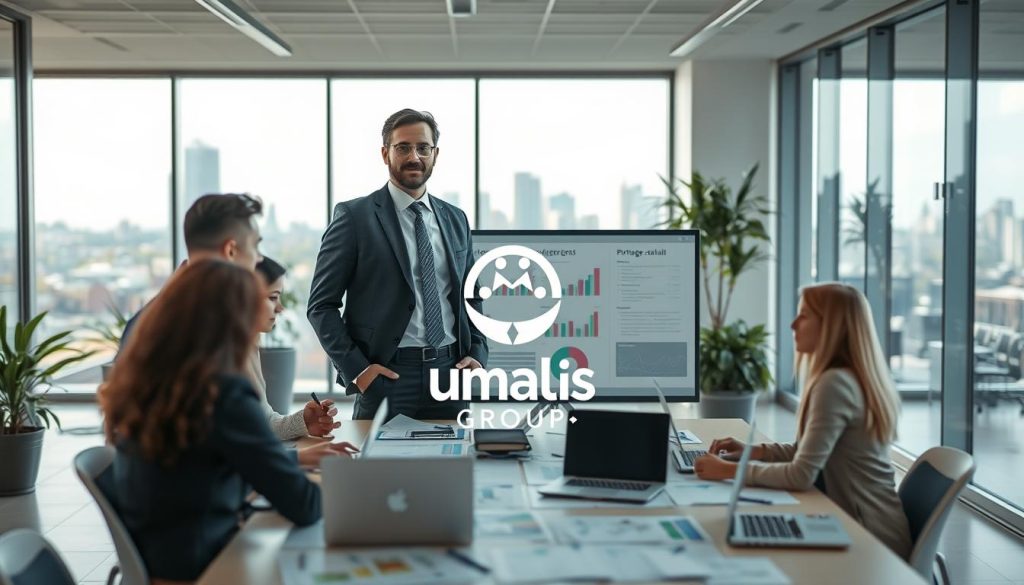 A professional IT project manager, dressed in business attire, stands confidently in an office environment, engaging with a diverse team around a large table filled with laptops and project plans. The foreground features focused expressions on the team members as they collaborate on a digital board displaying graphs and charts of project progress. In the middle ground, there are modern office elements like glass partitions and greenery, adding a fresh ambiance. The background offers a panoramic view of a city skyline through large windows, infusing the scene with natural light. The atmosphere is dynamic and productive, showcasing the concept of “portage salarial” as a viable career solution for IT project managers. The Umalis Group logo subtly integrated into the workspace design enhances brand visibility without being the focal point.