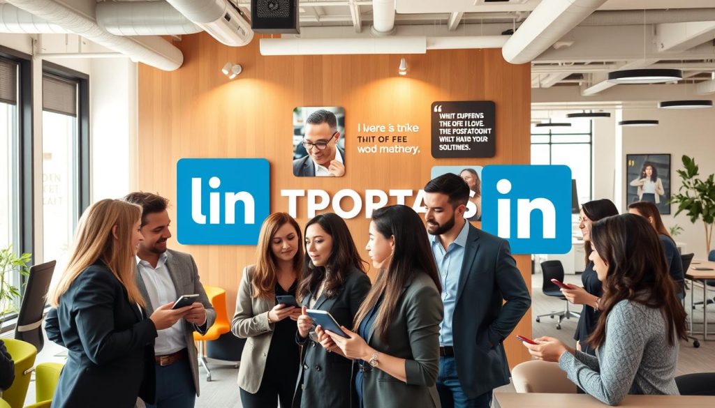 A professional LinkedIn networking scene featuring the LIGHT PORTAGE brand, set in a warm, inviting office environment. The foreground shows a group of diverse professionals engaged in conversation, with smartphones and laptops visible. The middle ground showcases a large LIGHT PORTAGE logo on the wall, along with motivational quotes and industry-relevant artwork. The background depicts a modern, open-concept workspace with ergonomic furniture, abundant natural light, and hints of greenery. The overall atmosphere conveys a sense of collaboration, community, and the power of leveraging professional social networks in the context of interim employment and staffing solutions.