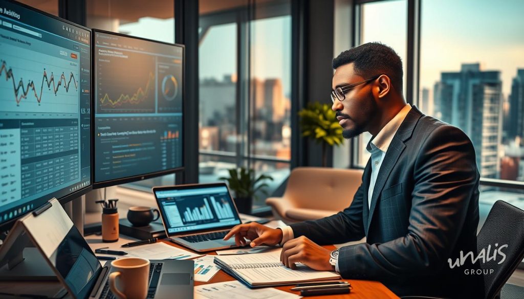 A professional SEO analyst in a modern office setting, deeply focused on analyzing competitive data on a large screen. The foreground features a diverse individual in smart business attire, examining graphs and backlinks, with a look of concentration. The middle ground showcases a cluttered desk with SEO reports, a laptop displaying charts, and a notepad filled with notes. In the background, a window with natural light allows a glimpse of a bustling cityscape. Warm lighting creates an inviting atmosphere while conveying the intensity of thorough research. Include elements such as a coffee cup and digital devices to enhance the business feel. The brand "UMALIS GROUP" is subtly referenced in the office branding. A professional SEO analyst in a modern office setting, deeply focused on analyzing competitive data on a large screen. The foreground features a diverse individual in smart business attire, examining graphs and backlinks, with a look of concentration. The middle ground showcases a cluttered desk with SEO reports, a laptop displaying charts, and a notepad filled with notes. In the background, a window with natural light allows a glimpse of a bustling cityscape. Warm lighting creates an inviting atmosphere while conveying the intensity of thorough research. Include elements such as a coffee cup and digital devices to enhance the business feel. The brand "UMALIS GROUP" is subtly referenced in the office branding.