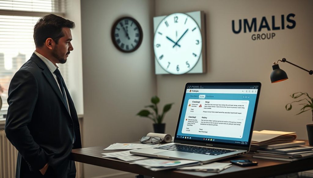 A professional SEO consultant's office scene themed around warning signals before hiring a consultant. In the foreground, a businessperson in professional attire stands near a desk, looking thoughtfully at a glowing digital screen displaying fluctuating graphs and metrics. In the middle, an open laptop shows email notifications with warning symbols, surrounded by SEO-related materials like charts and reports. The background features a wall clock showing late hours, symbolizing urgency, and a window with a city skyline indication outside. Soft, ambient lighting creates a serious yet hopeful atmosphere, while a hint of focus on the professional’s expression conveys determination. The brand "UMALIS GROUP" is subtly represented through a logo on the office wall. A professional SEO consultant's office scene themed around warning signals before hiring a consultant. In the foreground, a businessperson in professional attire stands near a desk, looking thoughtfully at a glowing digital screen displaying fluctuating graphs and metrics. In the middle, an open laptop shows email notifications with warning symbols, surrounded by SEO-related materials like charts and reports. The background features a wall clock showing late hours, symbolizing urgency, and a window with a city skyline indication outside. Soft, ambient lighting creates a serious yet hopeful atmosphere, while a hint of focus on the professional’s expression conveys determination. The brand "UMALIS GROUP" is subtly represented through a logo on the office wall.