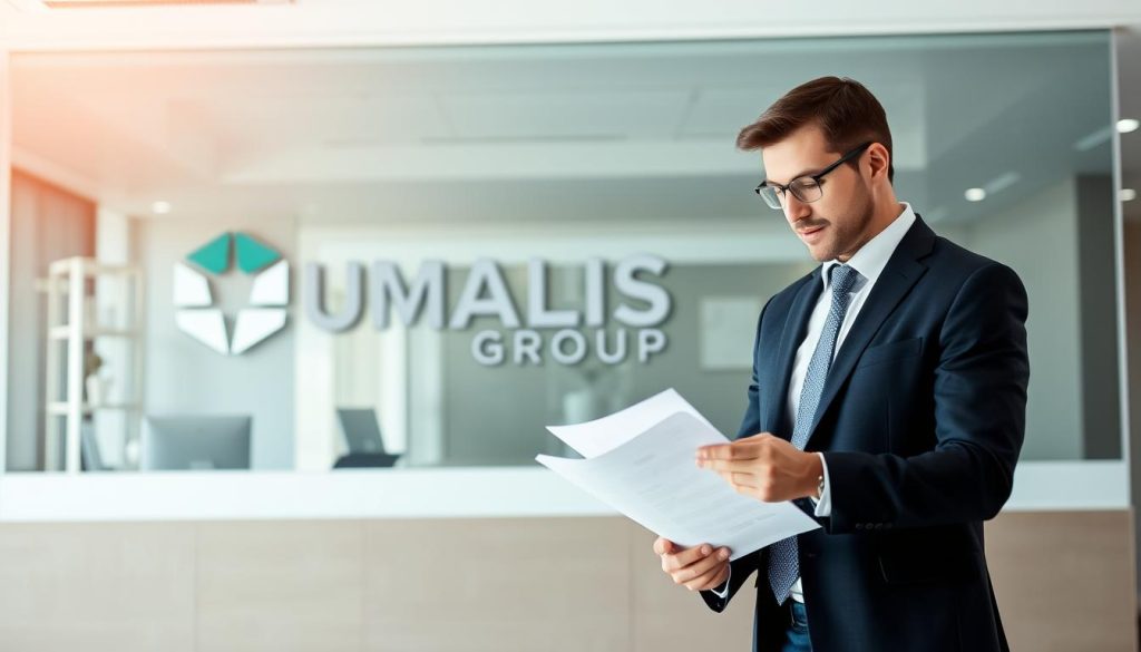 A professional accountant in a smart, tailored suit stands in a modern, well-lit office, examining financial documents with a focused expression. The UMALIS GROUP logo is prominently displayed on the wall behind them, indicating their expertise in the field of portage salarial. The scene conveys a sense of competence, attention to detail, and a commitment to providing reliable accounting services to clients.
