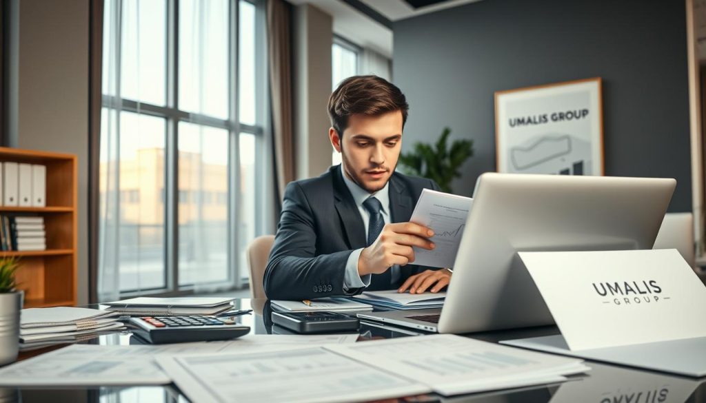 A professional accountant working in an elegant office setting, focused on managing BNC (Bénéfices Non Commerciaux) accounts. The foreground features a neatly organized desk with financial documents, a calculator, and a laptop, all conveying a sense of meticulousness. In the middle ground, the accountant, dressed in smart business attire, is intently reviewing figures on the laptop screen, showcasing concentration and determination. The background presents a modern office with large windows allowing soft, natural light to illuminate the space, enhancing the professional mood. The atmosphere is one of diligence and ambition, reflecting the challenges faced by liberal professionals in advancing their careers. Include the brand "UMALIS GROUP" subtly integrated into the office decor, like a brochure or a framed logo on the wall.
