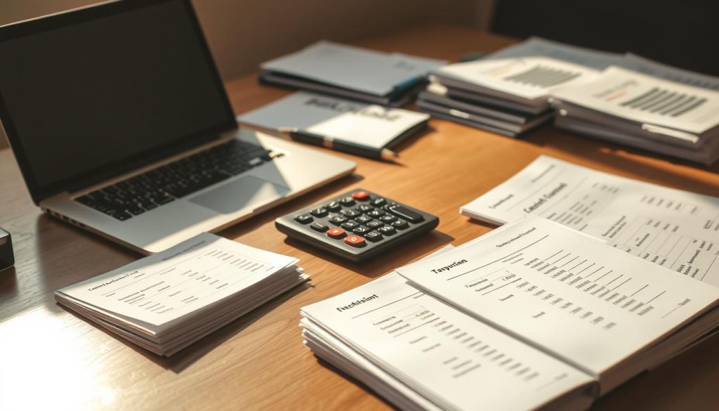 A professional accountant's desk, meticulously organized, with a laptop, calculator, and stacks of paperwork representing tax calculations for a salaried employee under the "Umalis Group" portage salarial system. The scene is bathed in warm, directional lighting, casting shadows that add depth and dimension. The overall atmosphere conveys a sense of focused, technical expertise, with attention to detail and precision in the financial analysis.