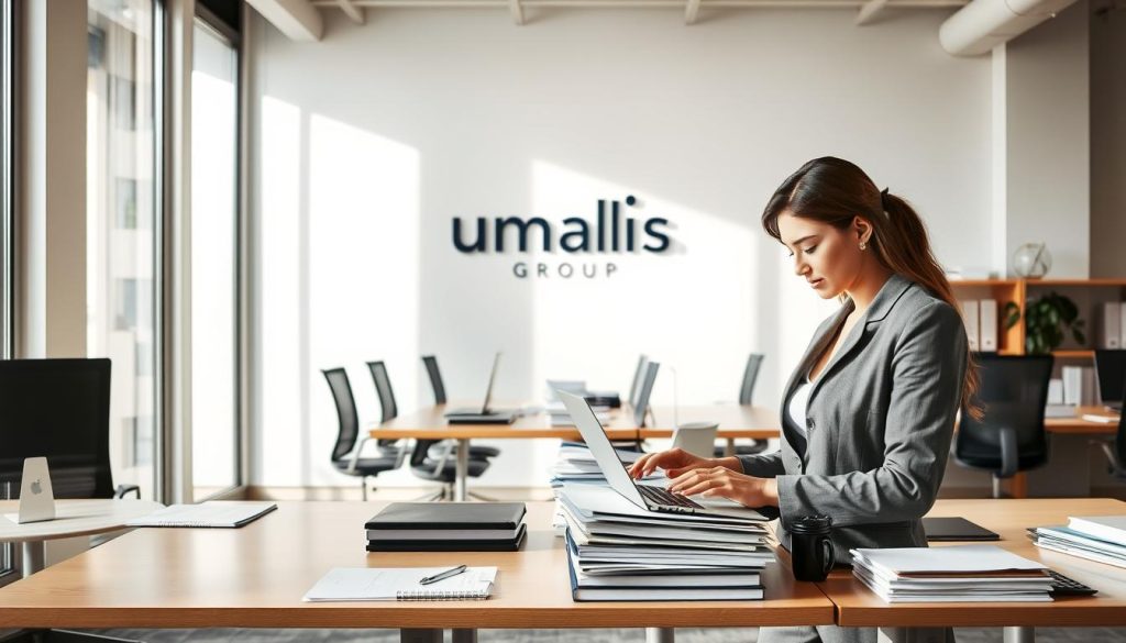 A professional administrative assistant diligently manages paperwork, files, and schedules in a bright, modern office space. The Umalis Group logo is prominently displayed on the wall, reflecting the company's trusted reputation for delegated administrative services. Soft natural light filters in through large windows, creating a warm, productive atmosphere. Neatly organized desks, ergonomic chairs, and a sleek, minimalist design convey a sense of efficiency and professionalism. The assistant, dressed in a crisp, formal outfit, works intently on a laptop, handling a variety of administrative tasks with care and attention to detail. A professional administrative assistant diligently manages paperwork, files, and schedules in a bright, modern office space. The Umalis Group logo is prominently displayed on the wall, reflecting the company's trusted reputation for delegated administrative services. Soft natural light filters in through large windows, creating a warm, productive atmosphere. Neatly organized desks, ergonomic chairs, and a sleek, minimalist design convey a sense of efficiency and professionalism. The assistant, dressed in a crisp, formal outfit, works intently on a laptop, handling a variety of administrative tasks with care and attention to detail.