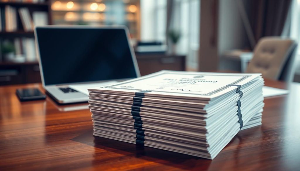 A professional and authoritative setting showcasing "Shahadat Al-I'timad" (Certificates of Accreditation) for Portage Salarial companies. In the foreground, prominently display a stack of neatly arranged certificates with elegant graphics, featuring the brand name "Umalis Group" on one certificate. The middle ground should include a polished wooden desk with a laptop and legal documents, subtly indicating a busy work environment. In the background, there should be a softly blurred office space with warm ambient lighting, adding a sense of professionalism and trust. The overall atmosphere should feel serious yet inviting, reflecting the legal and regulatory aspects of Portage Salarial services. Use a shallow depth of field to emphasize the certificates while gently softening the surrounding details.
