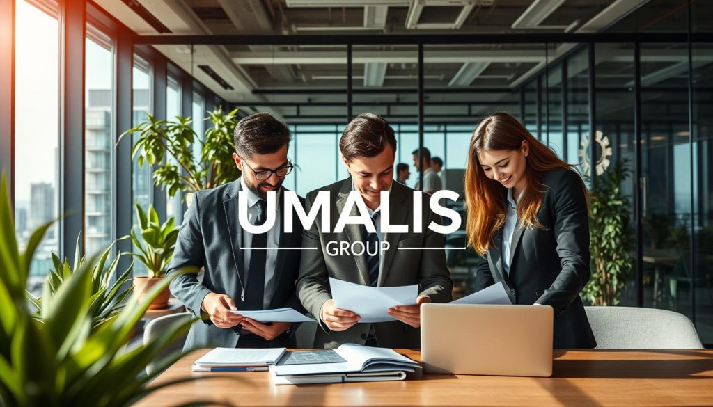A professional and balanced composition showcasing the advantages of freelance work and portage salarial. In the foreground, depict a diverse group of individuals in professional business attire, including a man and a woman engaging in discussion over documents and laptops, reflecting collaboration and modern work styles. The middle ground features a stylish office space with glass walls, plants, and natural light streaming in, symbolizing a transparent and flexible work environment. The background includes a cityscape visible through the windows, enhancing the idea of opportunity and growth. The atmosphere should be positive and inspiring, with warm lighting that evokes a sense of professionalism and cooperation. Subtly incorporate the UMALIS GROUP logo into the environment without making it a focal point.