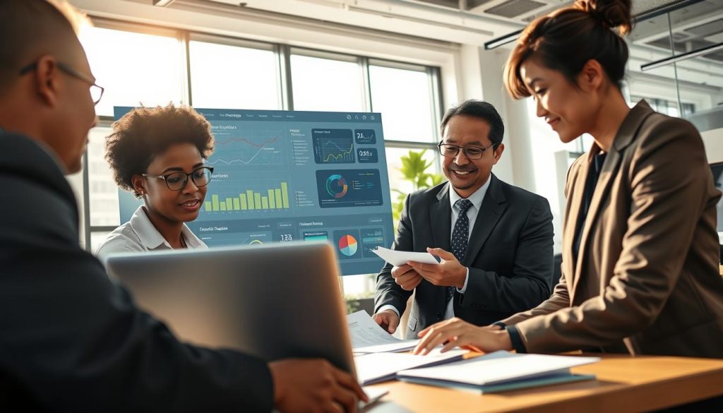 A professional and collaborative workspace illustrating the concept of "tripartite portage salarial" for IT experts. In the foreground, a diverse group of business professionals in smart casual attire (a Black woman with glasses, a Hispanic man, and an Asian woman) are engaged in discussion over a laptop and documents. In the middle ground, a large interactive digital display shows data analytics and project timelines. The background features modern office decor with large windows allowing natural light to fill the room, creating a bright and inviting atmosphere. Soft shadows enhance the mood, reflecting innovation and teamwork. The image is captured from a slight angle to emphasize interaction, highlighting the essence of collaboration in the IT field. A professional and collaborative workspace illustrating the concept of "tripartite portage salarial" for IT experts. In the foreground, a diverse group of business professionals in smart casual attire (a Black woman with glasses, a Hispanic man, and an Asian woman) are engaged in discussion over a laptop and documents. In the middle ground, a large interactive digital display shows data analytics and project timelines. The background features modern office decor with large windows allowing natural light to fill the room, creating a bright and inviting atmosphere. Soft shadows enhance the mood, reflecting innovation and teamwork. The image is captured from a slight angle to emphasize interaction, highlighting the essence of collaboration in the IT field.